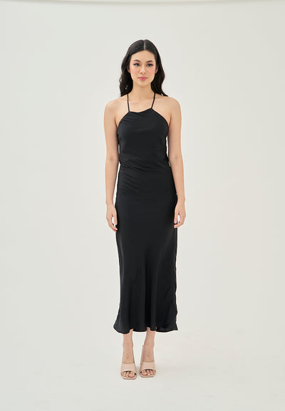 Freedom Black Satin Crisscross Sexy Back Side Zipper Sleeveless Maxi Dress