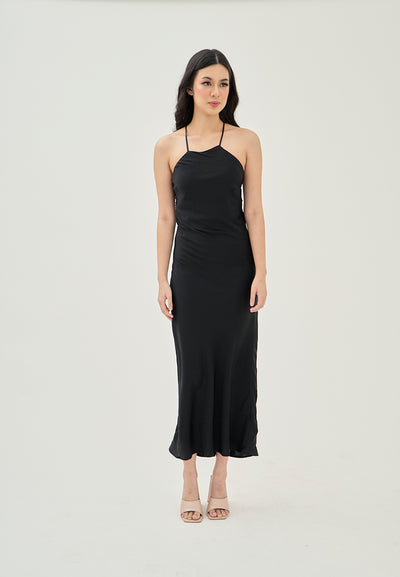 (PRE-ORDER: ETA August 5,2024)Freedom Black Satin Crisscross Sexy Back Side Zipper Sleeveless Maxi Dress