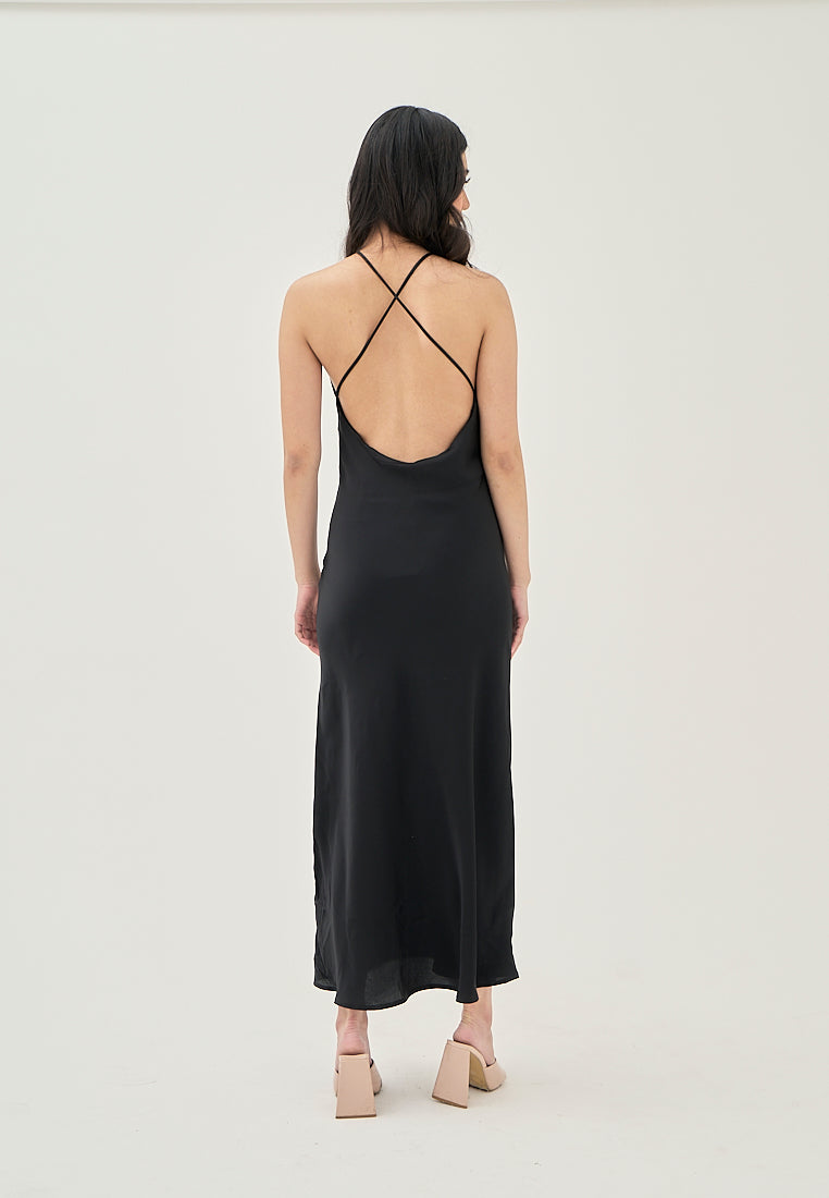 (PRE-ORDER: ETA August 5,2024)Freedom Black Satin Crisscross Sexy Back Side Zipper Sleeveless Maxi Dress