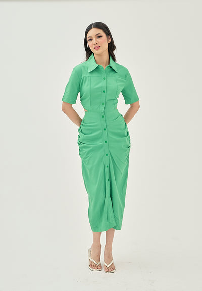 Lenard Green Collared Buttondown Short Sleeves Hollow Out Waist Ruch Side Midi Dress