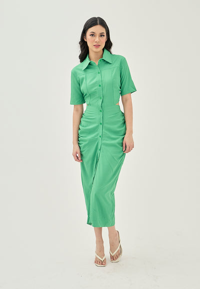 Lenard Green Collared Buttondown Short Sleeves Hollow Out Waist Ruch Side Midi Dress