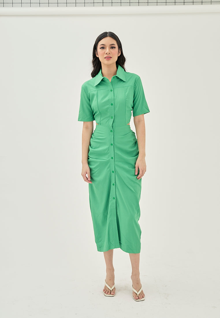 Lenard Green Collared Buttondown Short Sleeves Hollow Out Waist Ruch Side Midi Dress