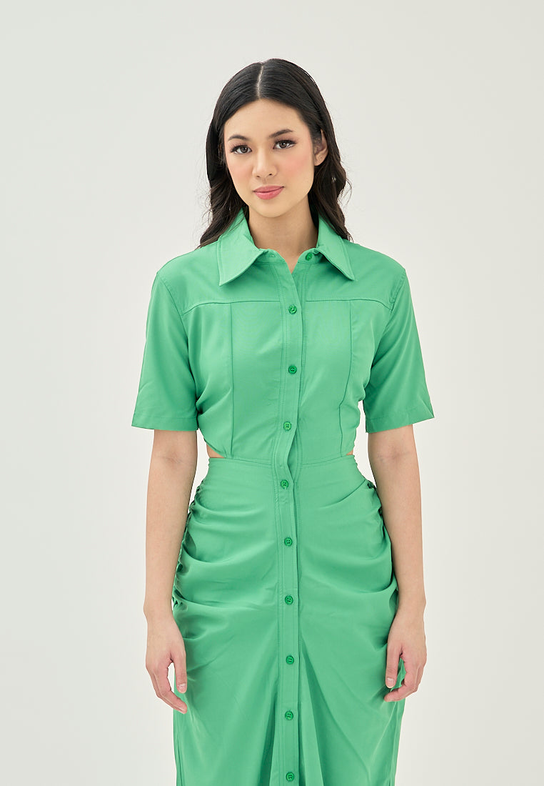 Lenard Green Collared Buttondown Short Sleeves Hollow Out Waist Ruch Side Midi Dress