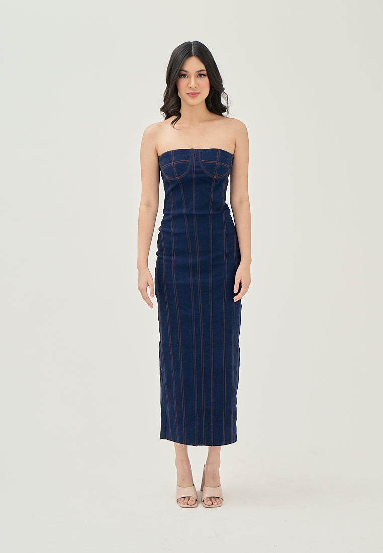 Trysta Deep Blue Denim Lined Shaped Bust Classic Straight Cut Back Slit Tube Midi Dress