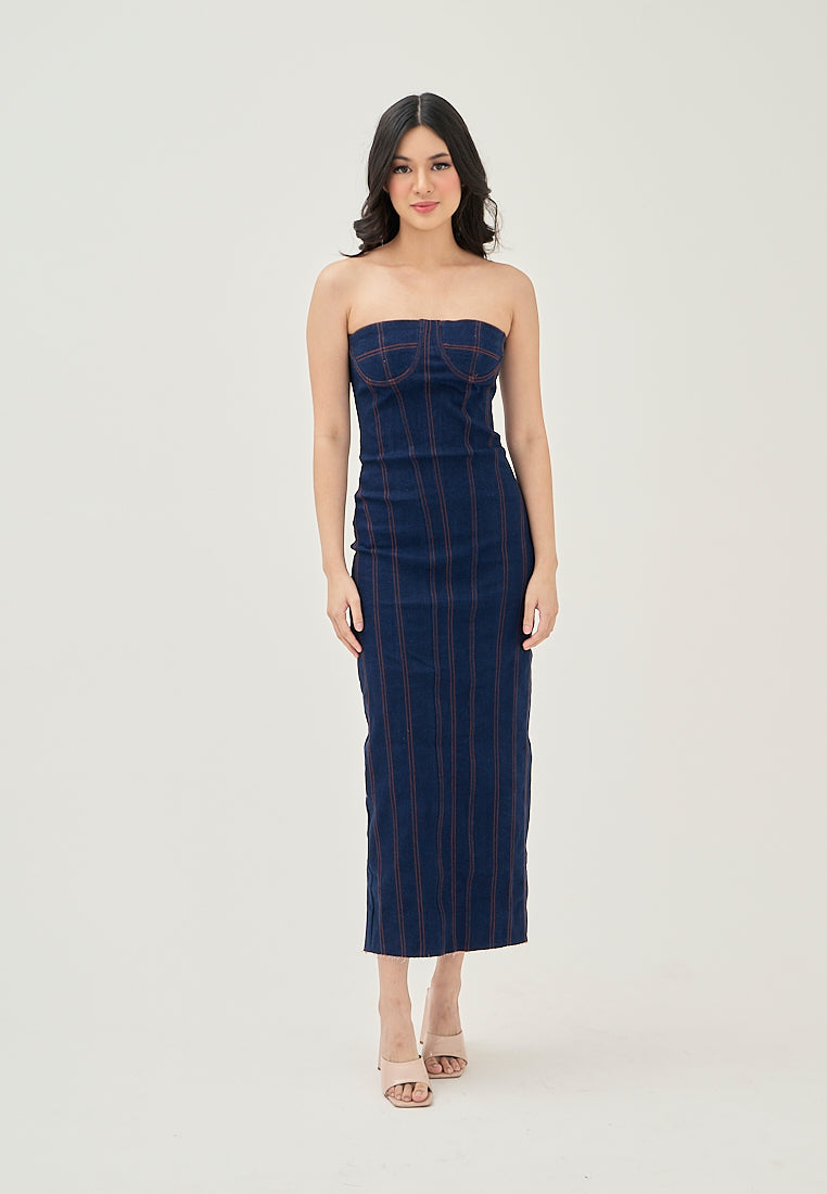 Trysta Deep Blue Denim Lined Shaped Bust Classic Straight Cut Back Slit Tube Midi Dress