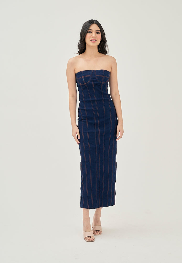 Trysta Deep Blue Denim Lined Shaped Bust Classic Straight Cut Back Slit Tube Midi Dress