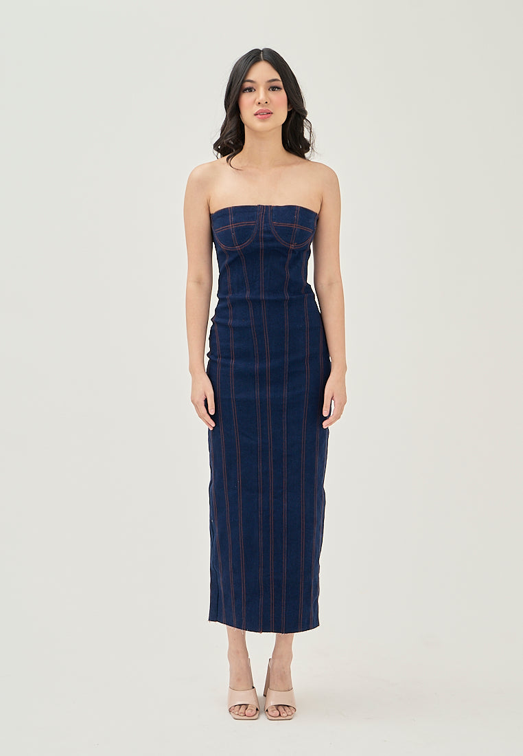 Trysta Deep Blue Denim Lined Shaped Bust Classic Straight Cut Back Slit Tube Midi Dress