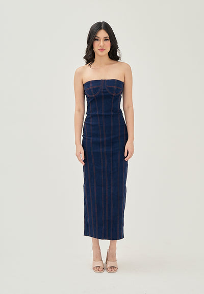 Trysta Deep Blue Denim Lined Shaped Bust Classic Straight Cut Back Slit Tube Midi Dress