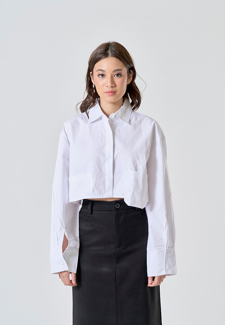 (PRE-ORDER: ETA August 5,2024)Darina White Turn Down Collar Button Up Front Pockets Long Sleeve Crop Top