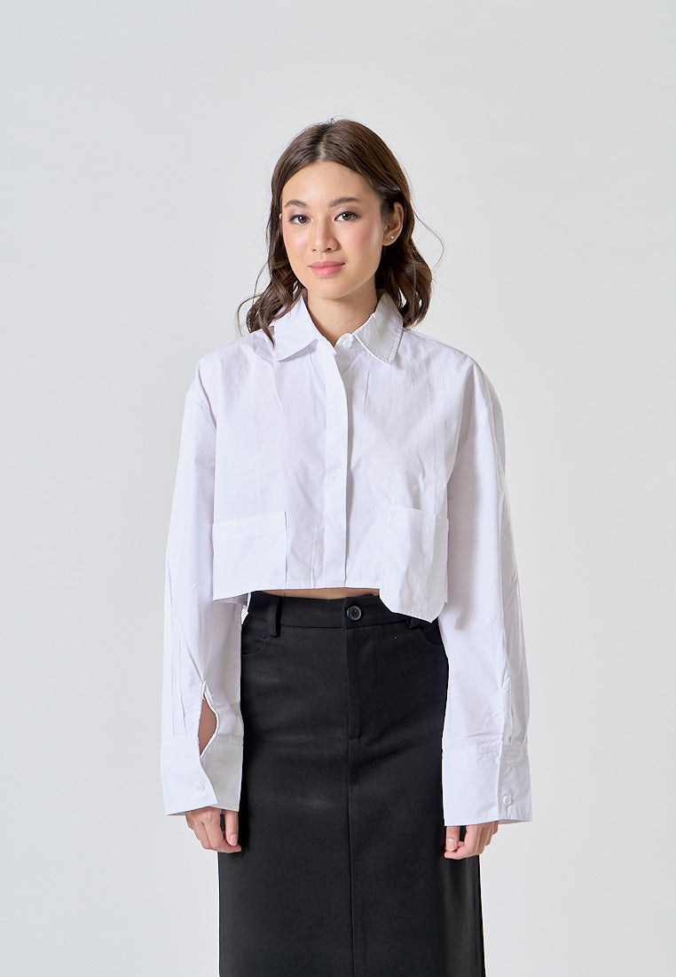 Darina White Turn Down Collar Button Up Front Pockets Long Sleeve Crop Top