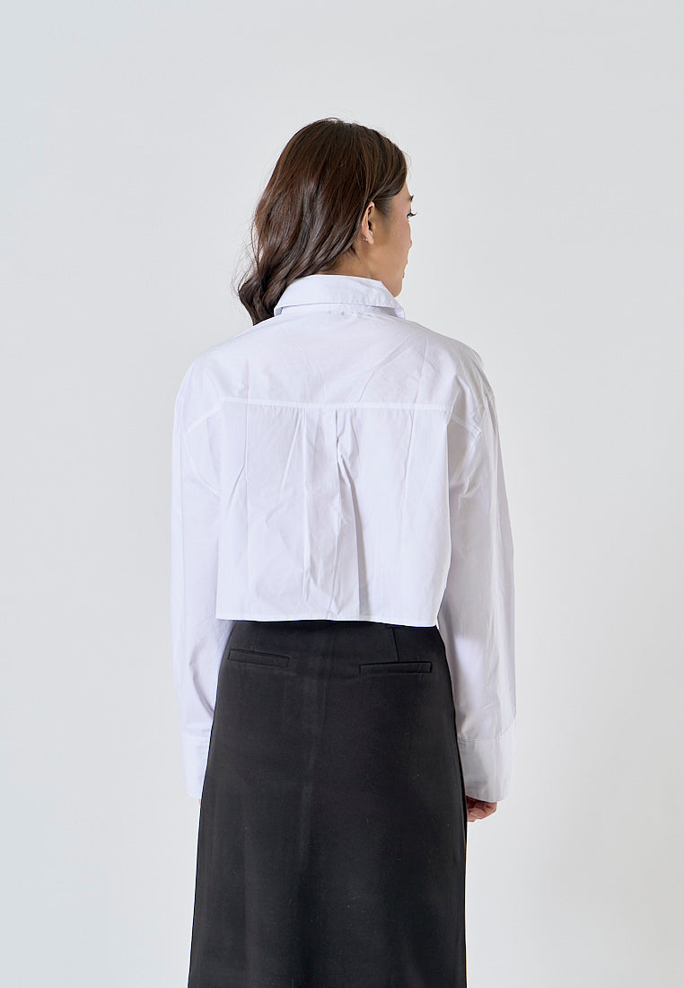 Darina White Turn Down Collar Button Up Front Pockets Long Sleeve Crop Top