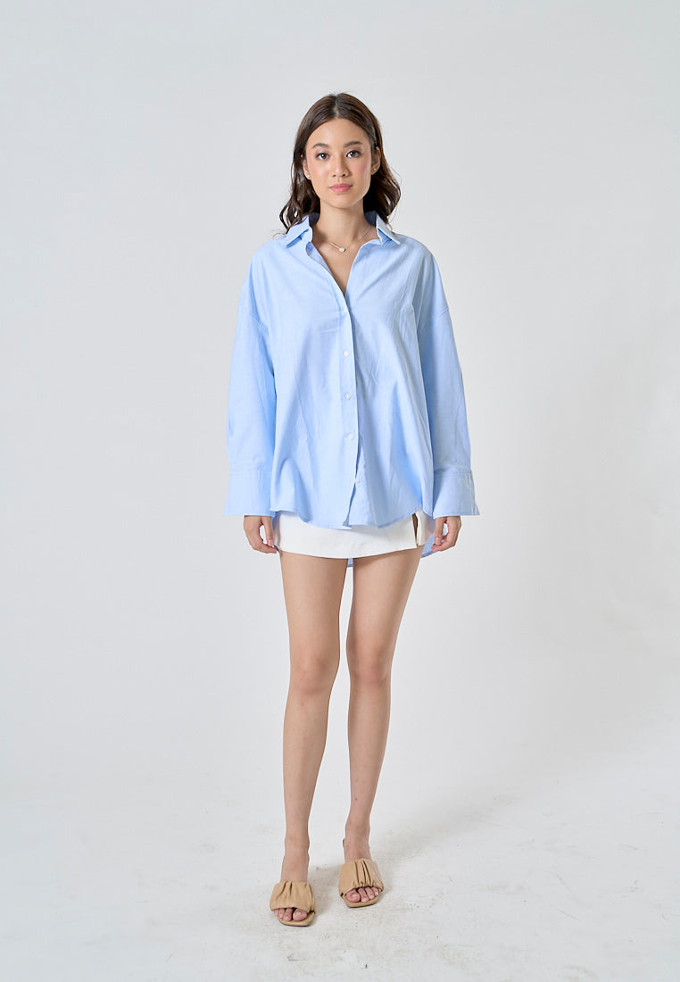 Vanna  Blue Turn Down Colar Button Down Casual Long Sleeve Top