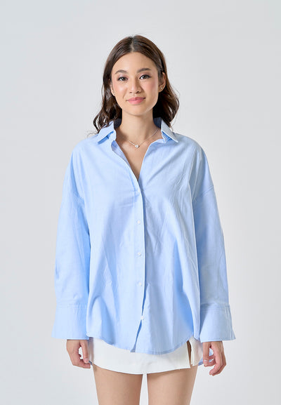 Vanna  Blue Turn Down Colar Button Down Casual Long Sleeve Top