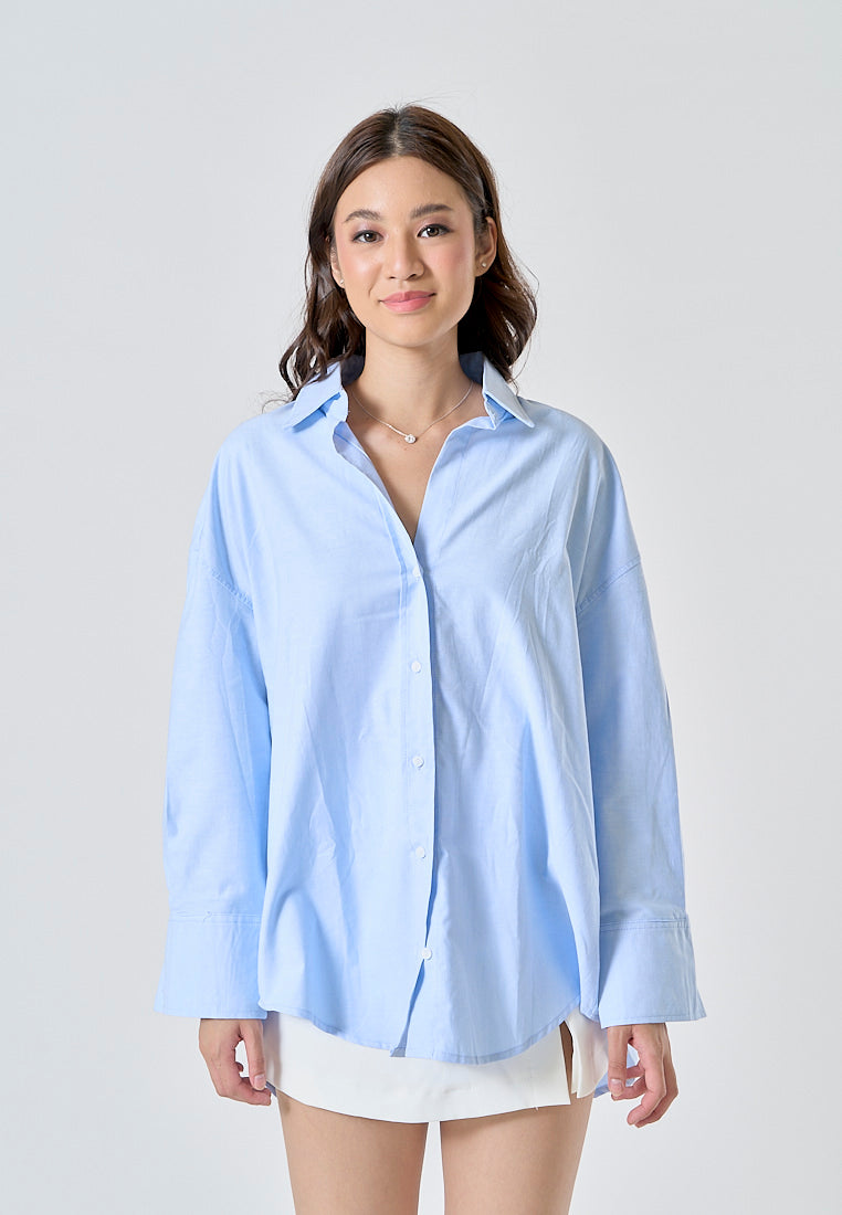 Vanna  Blue Turn Down Colar Button Down Casual Long Sleeve Top