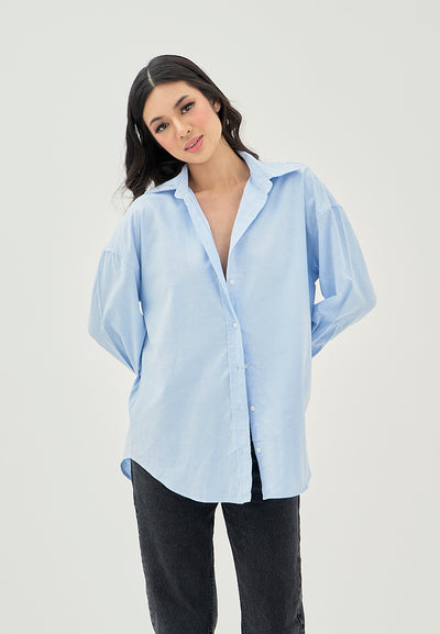 Vanna  Blue Turn Down Colar Button Down Casual Long Sleeve Top