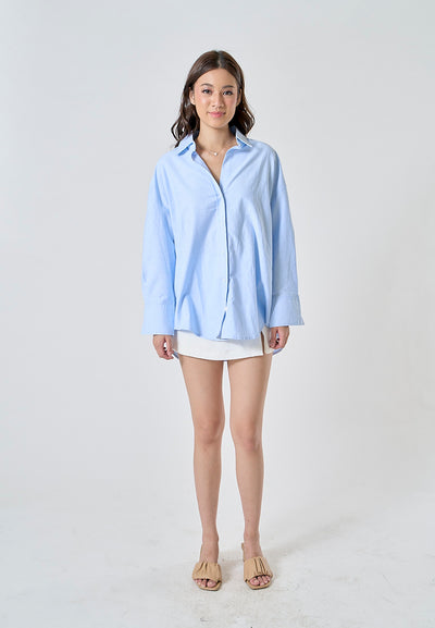 Vanna  Blue Turn Down Colar Button Down Casual Long Sleeve Top