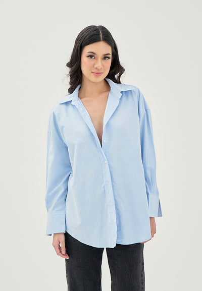 Vanna  Blue Turn Down Colar Button Down Casual Long Sleeve Top