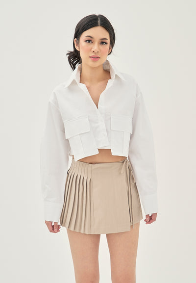 Annadyl Khaki Side Lace Up Pleated Zipper Fly Casual Mini Skirt