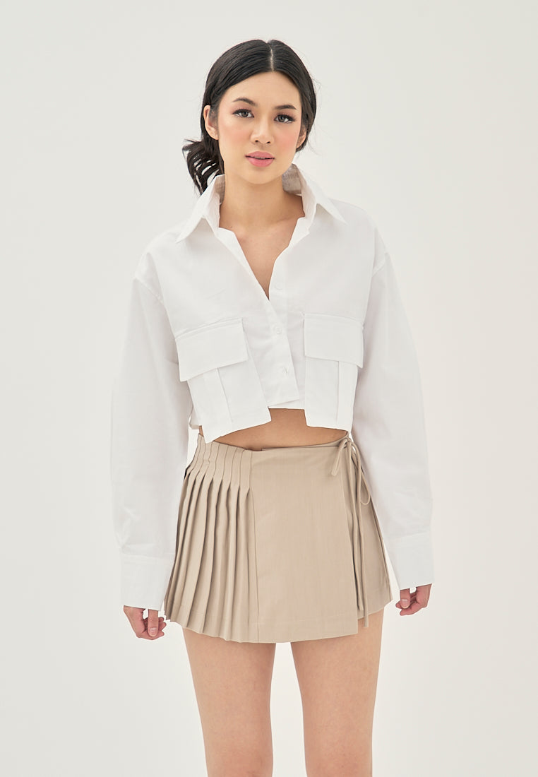 Annadyl Khaki Side Lace Up Pleated Zipper Fly Casual Mini Skirt