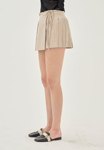 Annadyl Khaki Side Lace Up Pleated Zipper Fly Casual Mini Skirt