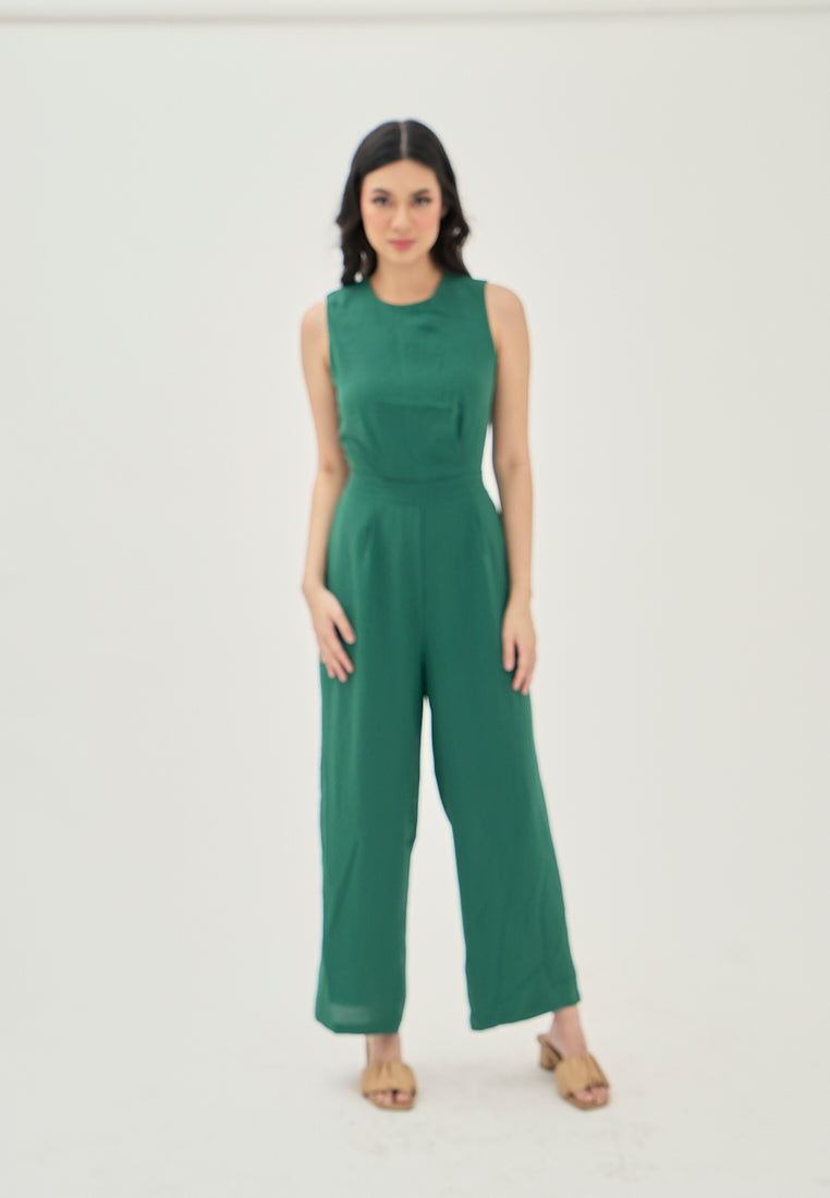 Alika Green Crew Neck Back Zipper Sleeveless Casual Jumpsuit