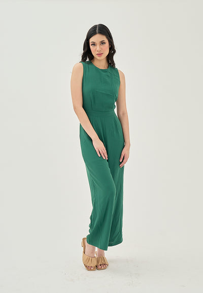 Alika Green Crew Neck Back Zipper Sleeveless Casual Jumpsuit