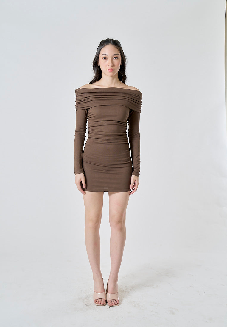 Celeste Brown Off Shoulder Ruched Long Sleeves Bodycon Mini Dress