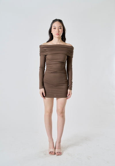 Celeste Brown Off Shoulder Ruched Long Sleeves Bodycon Mini Dress