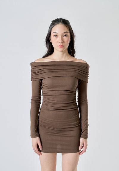 Celeste Brown Off Shoulder Ruched Long Sleeves Bodycon Mini Dress