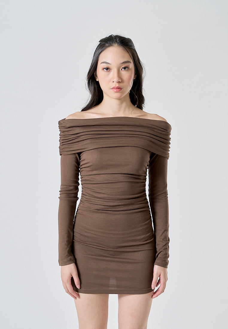 Celeste Brown Off Shoulder Ruched Long Sleeves Bodycon Mini Dress