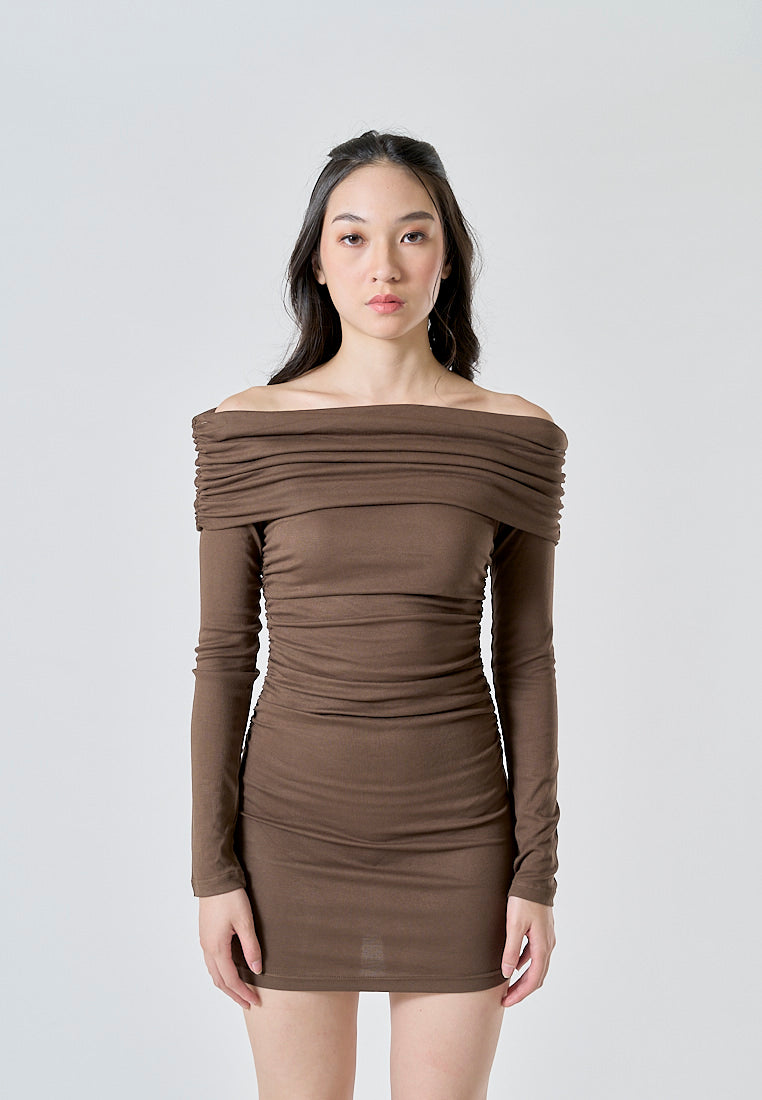 Celeste Brown Off Shoulder Ruched Long Sleeves Bodycon Mini Dress