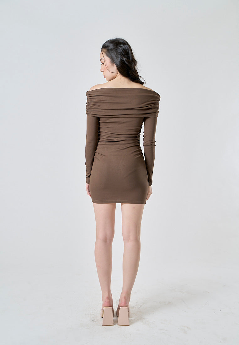 Celeste Brown Off Shoulder Ruched Long Sleeves Bodycon Mini Dress