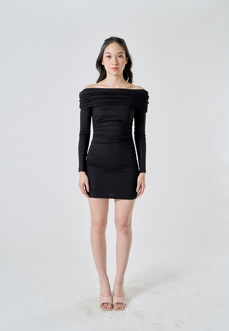 Celeste Black Off Shoulder Ruched Long Sleeves Bodycon Mini Dress