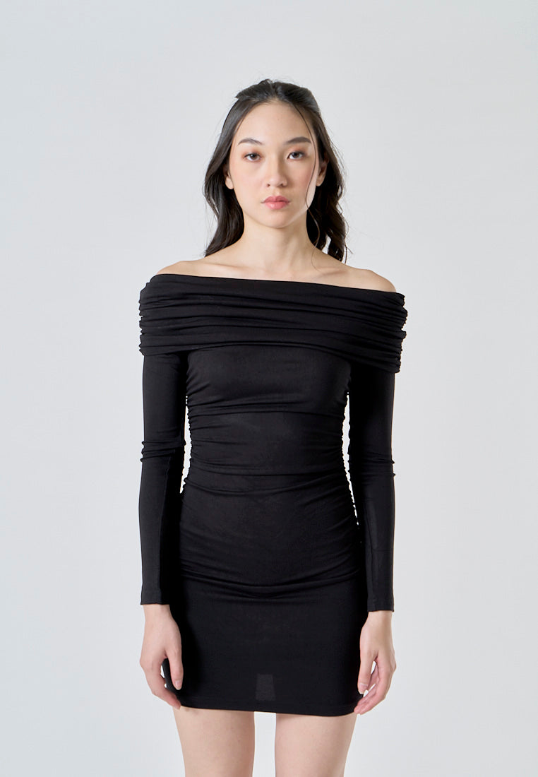 Celeste Black Off Shoulder Ruched Long Sleeves Bodycon Mini Dress