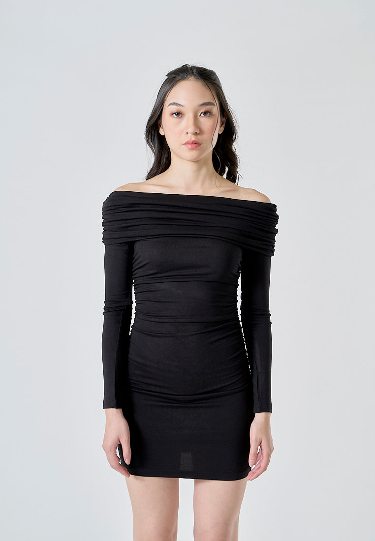 Celeste Black Off Shoulder Ruched Long Sleeves Bodycon Mini Dress