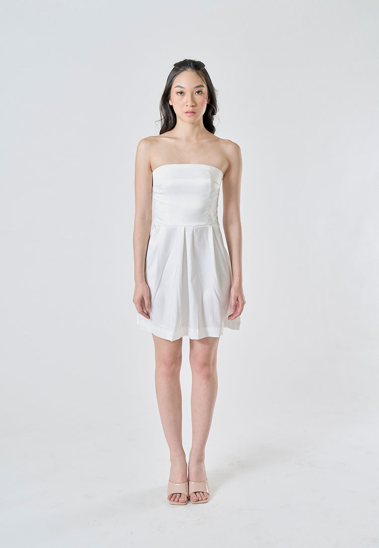 Eleonore White Folded Neckline Zipper Back Pleated Tube Mini Dress