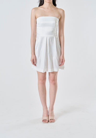 Eleonore White Folded Neckline Zipper Back Pleated Tube Mini Dress