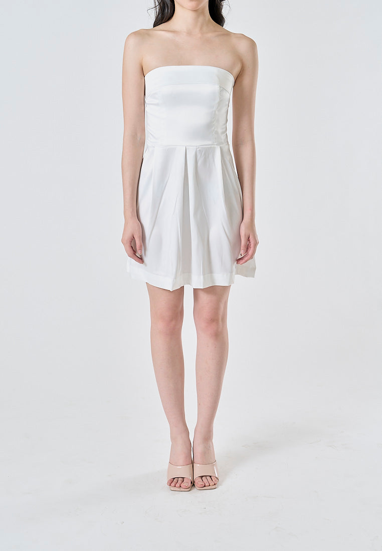 Eleonore White Folded Neckline Zipper Back Pleated Tube Mini Dress