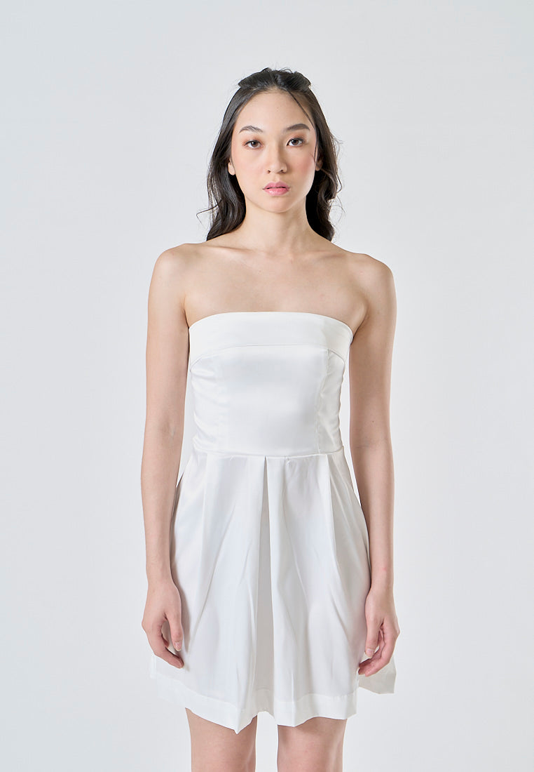 Eleonore White Folded Neckline Zipper Back Pleated Tube Mini Dress