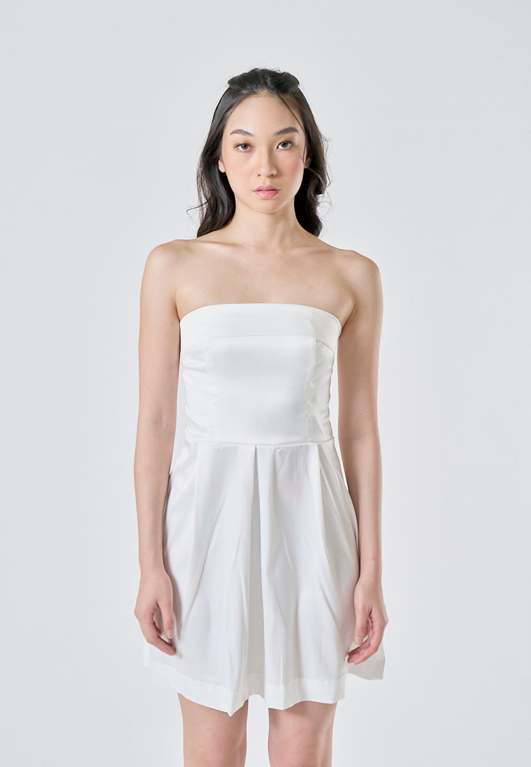 Eleonore White Folded Neckline Zipper Back Pleated Tube Mini Dress