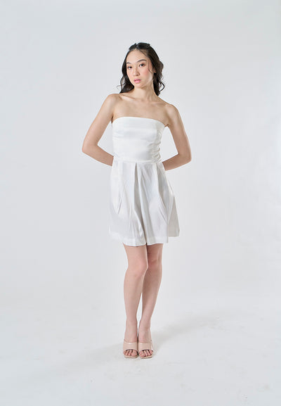 Eleonore White Folded Neckline Zipper Back Pleated Tube Mini Dress