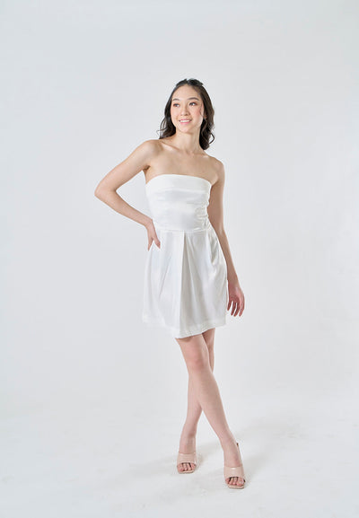 Eleonore White Folded Neckline Zipper Back Pleated Tube Mini Dress