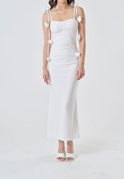 Isabeau Dream White Spaghetti Shoulder Straps Decorated with Pretty Rose Appliques Midi Dress