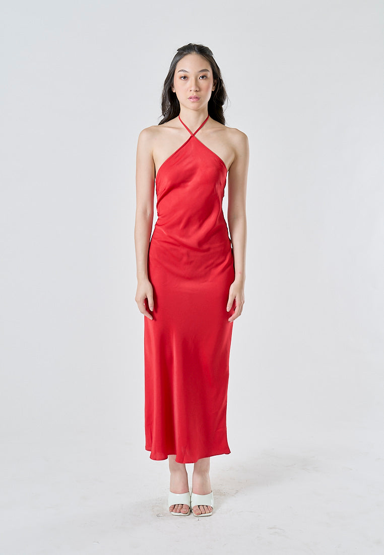 Cariana Tomato Red Halter Neck Open Back Sleeveless Midi Dress