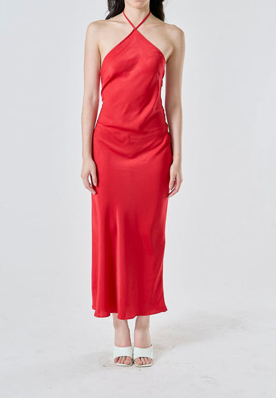 Cariana Tomato Red Halter Neck Open Back Sleeveless Midi Dress