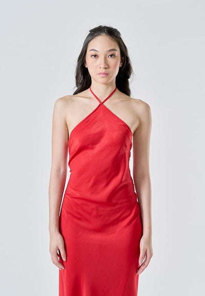 Cariana Tomato Red Halter Neck Open Back Sleeveless Midi Dress