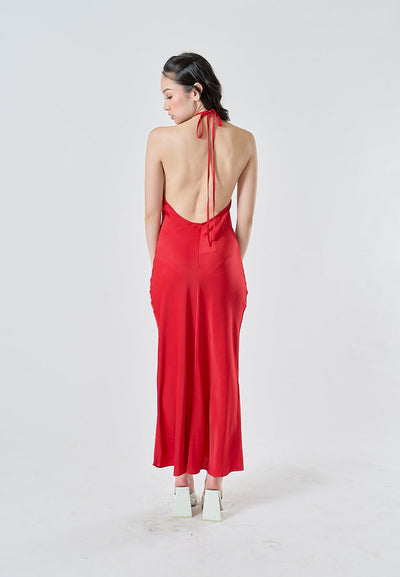 Cariana Tomato Red Halter Neck Open Back Sleeveless Midi Dress