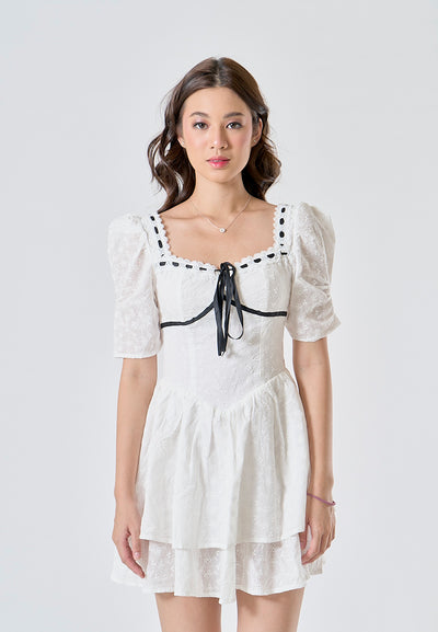 (PRE-ORDER: ETA August 5,2024)Mireil White Eyelet Square Neck with Black Ribbon Short Sleeves Layered Mini Dress