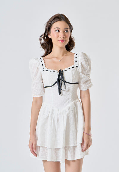 (PRE-ORDER: ETA August 5,2024)Mireil White Eyelet Square Neck with Black Ribbon Short Sleeves Layered Mini Dress