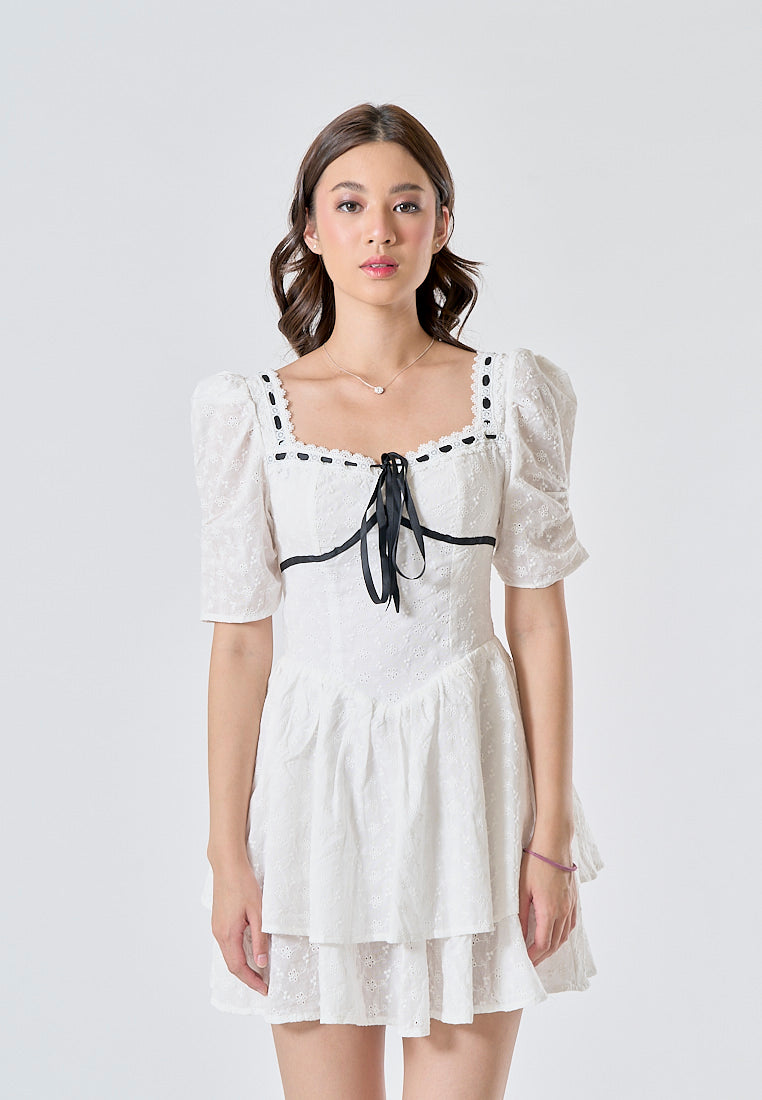 (PRE-ORDER: ETA August 5,2024)Mireil White Eyelet Square Neck with Black Ribbon Short Sleeves Layered Mini Dress